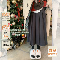 曾小鹹灰色毛呢半身裙女中長版秋冬高腰設計感小個子百褶裙長裙子
