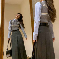 設計感小眾中長版百褶裙女春秋季大尺碼胖mm高腰顯瘦A字西裝半身裙