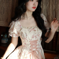 2023夏季新款法式甜美碎花裙短袖高腰顯瘦洋裝女小個子初戀裙子