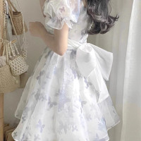 純欲綁帶蝴蝶初戀裙法式方領泡泡袖洋裝女夏季小個子仙女公主裙