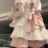 法式初戀奶甜收腰白色連衣裙甜美減齡在逃公主風泡泡袖蓬蓬裙子夏