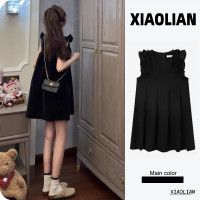 法式荷葉邊荷葉袖洋裝女夏季氣質高級感性感赫本風小黑裙小個子