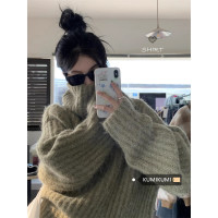 kumikumi慵懶風純色高領坑條長袖毛衣女2023早秋寬鬆顯瘦百搭上衣