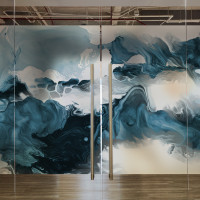 9URT批发静电磨砂办公室玻璃贴膜新中式山水画公司艺术贴纸透光不