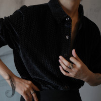 新款秋季復古鑽石黑金絲絨千鳥格印花垂感慵懶寬鬆中性範長袖襯衫