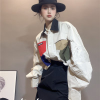 翻領拼接撞色寬鬆休閒百搭襯衫女長袖上衣復古小衫2023秋季新款