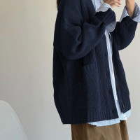 藏青色V領毛衣女秋冬季外搭針織衫寬鬆慵懶小眾開衫外套2023新款