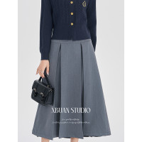 夏不晚XBUAN高腰顯瘦垂感a字半身裙女秋2023新款灰色西裝裙百褶裙