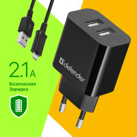 Зарядное устройство для телефона на 2 USB Defender UPC-21, кабель microUSB в комплекте, зарядка для телефона, адаптер