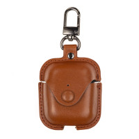 Кожаный чехол для AirPods 1, 2 на кнопке с карабином, коричневый