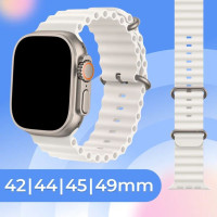 Силиконовый ремешок для смарт часов Apple Watch series 1-8 и Эпл Вотч SE Ultra 42-44-45-49 mm (Ocean Loop) / Cпортивный ремень браслет для умных часов Эпл (Ocean Band), Белый