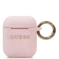 Чехол Guess Silicone на Apple Airpods 1, 2 / для Аипордс 1, 2 с покрытием Soft-touch с карабином, светло-розовый с блестками
