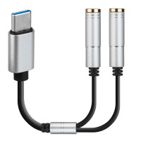 Металлический переходник USB Type - C на Jack 3.5mm / Разветвитель Type-C (Выход / Папа / Штекер) - 2 AUX 3,5мм JACK (Вход / Мама / Гнездо) / Адаптер Тайп си - 2 Аукс джек 3.5mm / Для Samsung, Xiaomi, Honor, Huawei, Acer, Lenovo, HP, Meizu  