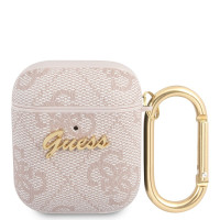 Чехол Guess PU leather на беспроводные наушники Apple Airpods 1, 2 / для Аирподс 1, 2 из экокожи с карабином и металлическим логотипом 4G, светло-розовый