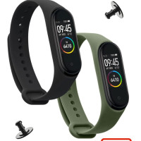 Комплект ремешков для Xiaomi Mi Band 3, Mi Band 4 (Ксиоми Ми Бенд 3/4) + 2 дополнительные кнопки, черный и хаки, Cavolo