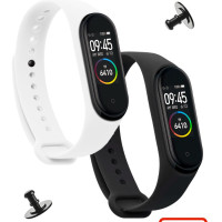 Комплект ремешков для Xiaomi Mi Band 3, Mi Band 4 (Ксиоми Ми Бенд 3/4) + 2 дополнительные кнопки, черный и белый, Cavolo