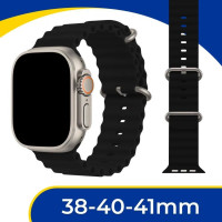 Силиконовый ремешок для часов Apple Watch series 1-8 и Эпл Вотч SE 38-40-41 mm / Cпортивный ремень браслет для умных часов Эпл (Ocean Band), Черный