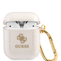 Чехол Guess TPU на Apple Airpods 1 2 / для Аипордс 1 2 тонкий силиконовый с карабином, прозрачно-золотистый