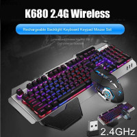 Комплект игровая мышь + клавиатура беспроводная K680 2.4G Беспроводная перезаряжаемая клавиатура с подсветкой, клавиатура и мышь, Английская клавиатура, серебристый, черный