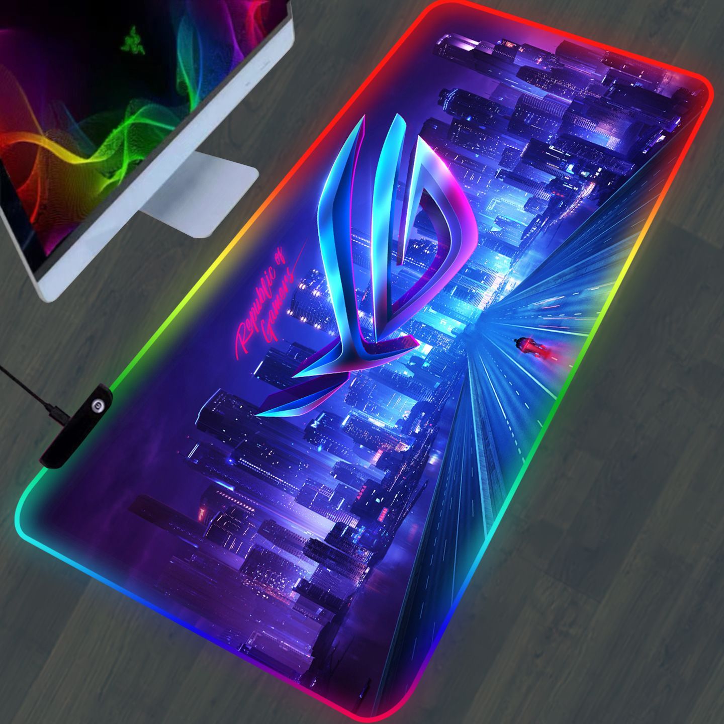 Большой игровой резиновый коврик для мыши с оптической RGB - подсветкой - удобное и эффектное решение для организации рабочей зоны. 14 режимов подсветки и 7 разных цветов выглядят необычно.