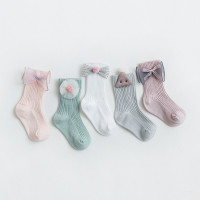 19年春夏新款婴儿袜子蝴蝶结花边宝宝袜子双针松口纯色新生儿童袜