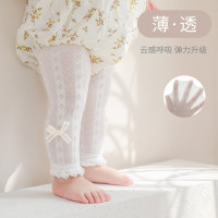 女童打底裤夏季超薄网眼蝴蝶结公主宝宝白色连体裤婴儿花边九分裤