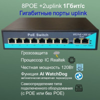 Коммутатор YDA POE (свитч) 8POE +2Uplinк 1000 Мбит/с (гигабит), WatchDog+VLAN, 250 метров,120 Ватт, switch IC REALTEK