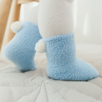 新款秋冬加厚保暖宝宝袜子 0-1-3岁婴儿纯色珊瑚绒球球初生儿袜子