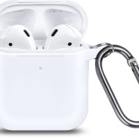 Ультратонкий силиконовый чехол для наушников Apple AirPods 1, 2 / кейс для наушников с карабином / белый