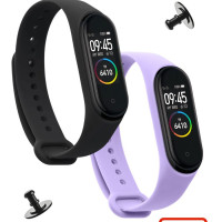 Комплект ремешков для Xiaomi Mi Band 3, Mi Band 4 (Ксиоми Ми Бенд 3/4) + 2 дополнительные кнопки, черный и фиолетовый, Cavolo