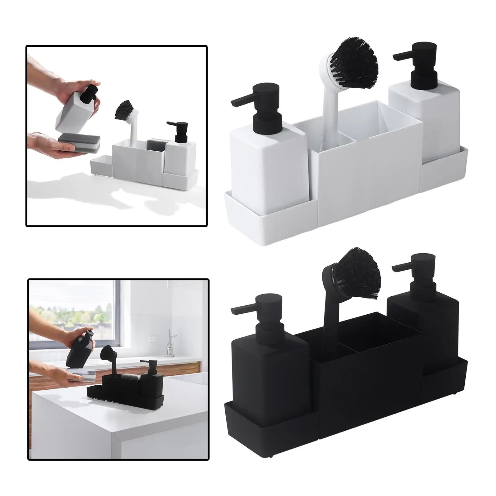 Kitchen Liquid Hand Soap Dispenser with Storage Tray for Sponges Scrubbers Brush Holder Non Slip Organizer Pump Bottle