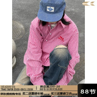 川川也美式高街Polo衫格子襯衫休閒寬鬆長袖上衣日系街頭潮牌開衫