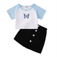 Детские топы с короткими рукавами для девочек модные костюмы из 2 предметов Футболка с принтом бабочки + юбка, комплект для детей, повседневная одежда