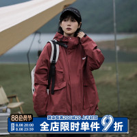 漫渡日系戶外衝鋒衣女紅色連帽外套登山服棉衣寬鬆防水機能棉夾克