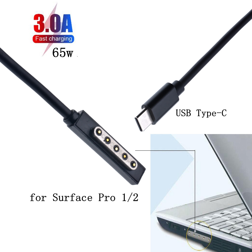 1.5m USB C Type C Power Supply PD Charger Adapter 3A Fast Charging Cable 65W Type-C Cord for Microsoft Surface Pro 1/ 2 Tablet