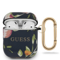 Чехол Guess TPU на Apple Airpods 1 2 / для Аипордс 1 2 тонкий силиконовый с карабином, цветочный принт