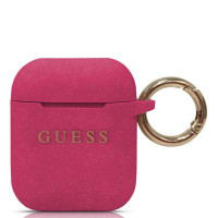 Чехол Guess Silicone на Apple Airpods 1, 2 / для Аипордс 1, 2 с покрытием Soft-touch с карабином, фуксия с блестками