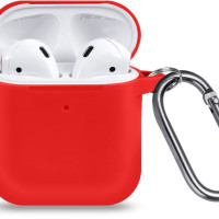 Ультратонкий силиконовый чехол для наушников Apple AirPods 1, 2 / кейс для наушников с карабином / красный