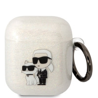 Чехол Karl Lagerfeld TPU Glitters для наушников Apple Airpods 1, 2 / Аирподс силиконовый, с карабином, с блестками и принтом NFT Karl & Choupette, прозрачный