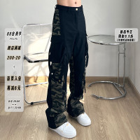 FILFR美式hiphop迷彩拼接工裝褲男高街設計感口袋拉鍊顯瘦微喇叭