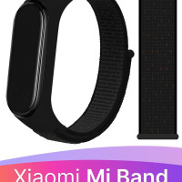 Нейлоновый ремешок для Xiaomi Mi Band 3-4-5-6 и 7 / Тканевый ремешок на липучке для Сяоми Ми Бэнд 3-4-5-6 и 7, Черно-оранжевый