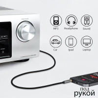 Аудио кабель AUX 3.5 мм с угловым штекером, aux mini jack 3.5, аукс кабель в машину, провод акустический, аудиокабель, музыкальный шнур для телефона, нейлоновая оплетка, черный