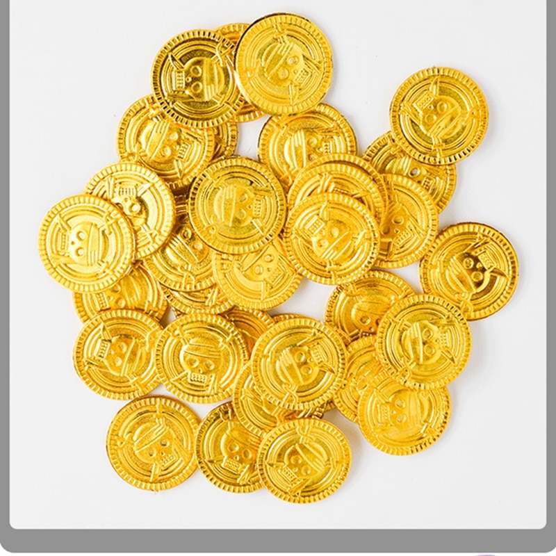 50pcs Pirates Gold Coins Plastic Gold Coins Props Game Accessary Funny Playing Toys for Kids Children (Golden)