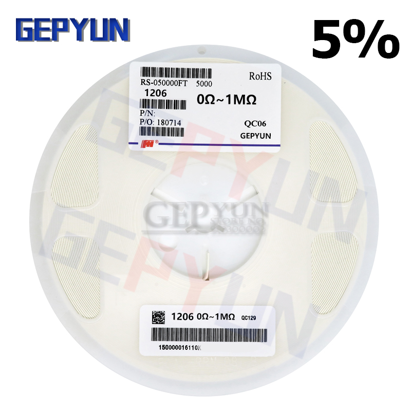 1Reel (5000PCS) 1206 Resistor SMD 5% 0 ohm ~ 10M ohm 1K 2.2K 10K 100K 1 10 100 150 220 330 ohm Gepyun resistance