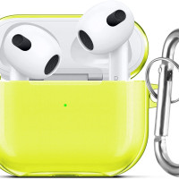 Прозрачный силиконовый чехол KRISTANAM для наушников Apple AirPods 3 / противоударный кейс для AirPods3 с карабином / кислотно-желтый
