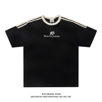 BUFU國潮美式復古拼接插肩短袖t恤男女夏季高街情侶寬鬆織帶上衣