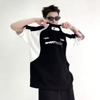 EAT 潮牌印花撞色短袖男寬鬆美式復古2023夏季新款純棉插肩袖T恤