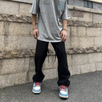 scs想文美式高街尼龍飄帶休閒褲男女vibe風直筒褲垂感黑色長褲