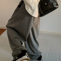 千鳥格褲子oversize設計感小眾闊腿工裝褲男寬鬆日系燈籠褲春秋季