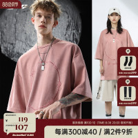 BJHG2023新款夏粉色麂皮短袖T恤男女美式OVERSIZE情侶半截袖上衣